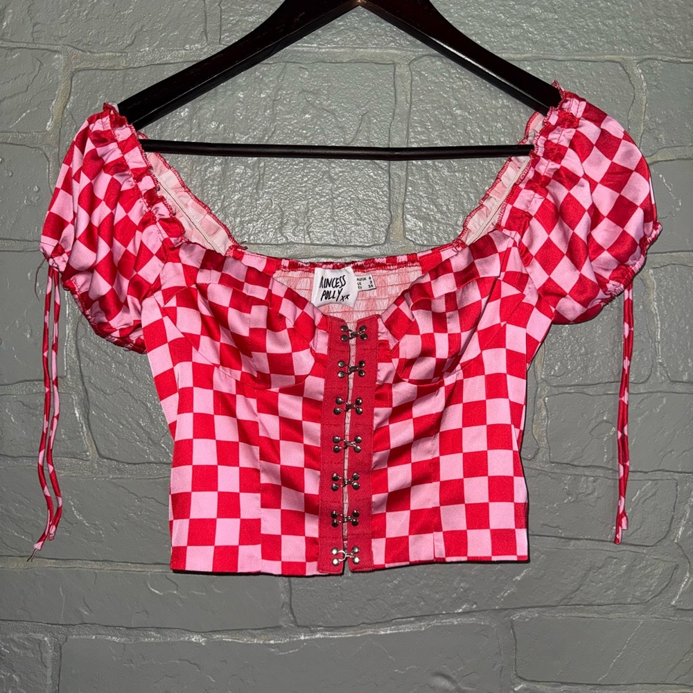 Princess Polly Red and Pink Puff Sleeve Crop Blouse